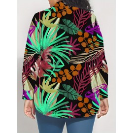 Plus Size - Plus Size, Plus Size Women's Long Sleeve Shirt with Tropical Print, Botanical Design, Mid-Length Casual 3D Colorful Top - Soft and Comfortable Light Beige-Friendly Base Layer for SpringAutumn, Versatile Top, Everyday Blouse, Botanical