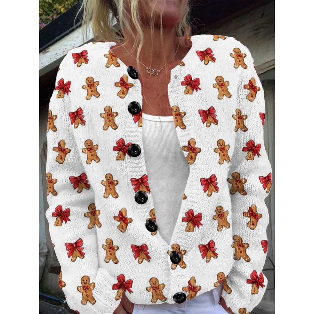 Women's Plus Size Gingerbread Men & Bows Cardigan Sweater - Cozy Stretchy Button-Front Closure, Long Sleeve Winter Sweaters with Gingerbread Print, Christmas Party Outfits, Casual to Semi-Formal Wear, Loose Fit Round Neck