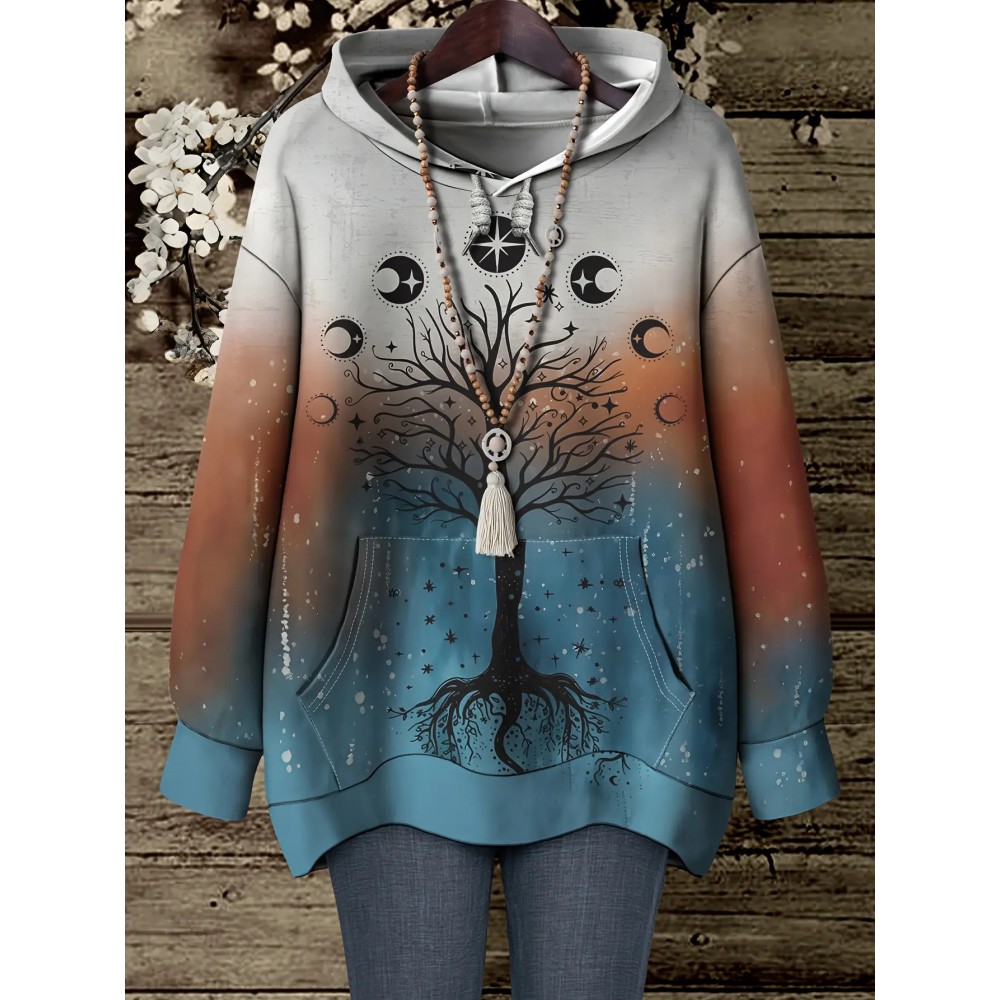 Women's Plus Size Oversized Hoodie - Pastel Blue Pink Purple Orange Ombre Gradient Print with Tree of Life & Bohemian Floral Design, Long Sleeve Round Neck Pullover Sweatshirt, All-Season Casual Comfortable Sweater for Women (No Belt/No Accessories Included) - Geometric Pattern, Front Pocket, Hand Wash Dry Clean, Relaxed Fit, Vibrant Colors, Bohemian Style, Plus Size Fashion, Hoodies for Women Plus Size, Plus Size Women Clothing Fleece Hoodie, Plus Size Sweatshirts for Women,