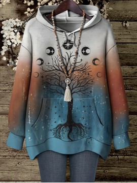 Women's Plus Size Oversized Hoodie - Pastel Blue Pink Purple Orange Ombre Gradient Print with Tree of Life & Bohemian Floral Design, Long Sleeve Round Neck Pullover Sweatshirt, All-Season Casual Comfortable Sweater for Women (No Belt/No Accessories Included) - Geometric Pattern, Front Pocket, Hand Wash Dry Clean, Relaxed Fit, Vibrant Colors, Bohemian Style, Plus Size Fashion, Hoodies for Women Plus Size, Plus Size Women Clothing Fleece Hoodie, Plus Size Sweatshirts for Women,
