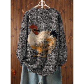 Women'S Plus Size Oversized Floral & Rooster Print Sweater - Soft Round Neck Long Sleeve Pullover Sweater, Cozy Loose Fit Casual Winter Sweater for Fall/Winter, Easy Care Everyday Sweater for Women (No Buttons/Zippers)