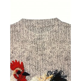 Women'S Plus Size Oversized Floral & Rooster Print Sweater - Soft Round Neck Long Sleeve Pullover Sweater, Cozy Loose Fit Casual Winter Sweater for Fall/Winter, Easy Care Everyday Sweater for Women (No Buttons/Zippers)