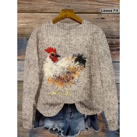 Women'S Plus Size Oversized Floral & Rooster Print Sweater - Soft Round Neck Long Sleeve Pullover Sweater, Cozy Loose Fit Casual Winter Sweater for Fall/Winter, Easy Care Everyday Sweater for Women (No Buttons/Zippers)