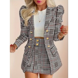[Plaid Skirt Set] Elegant Plaid Pattern Button Skirt Set | Lapel Collar Long Sleeve Blazer & High Waist Skirt Outfits for Women | Spring & Fall Clothing