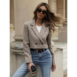 Women'S Houndstooth Blazer Jacket - Elegant Office to Party Coat, Structured H-Silhouette Blazer for Fall/Winter, Button-Front Closure, Professional & Formal Events - Women'S Business Jacket, Winter Outerwear, Stylish Outerwear, Durable Fabric