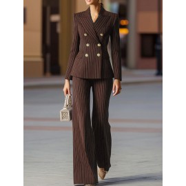 Women's Summer Suit Set, Loose Fit, Wide - leg Trousers Design, Decorated with Metal Buttons, Trendy and Versatile, Suitable for Weekend Outings/ Friends' Gatherings/ Shopping, Must - have for Casual Fashion