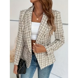 Women'S Elegant Blazer Jacket - Loose Fit Long Sleeve Button-Front Coat, & Brown Checkered Pattern, Structured Non-Stretch Fabric for Professional Casual Wear, Fall/Winter Office & Party Outerwear, Ladies Blazers