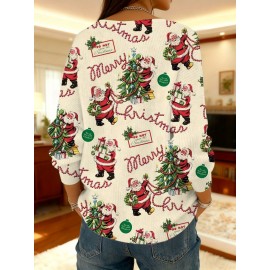 Women'S Vintage Christmas Cardigan - Santa Claus & Reindeer Print Sweater Coat, Loose Fit Long Sleeve Button Front Closure