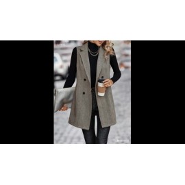 Women'S Herringbone Pattern Double-Breasted Lapel Vest Suit Jacket - Sleeveless H-Line Silhouette with Structured Lapel Collar, Beltless Waist & Knee-Length Design for Spring Summer Fall, Casual to Semi-Formal Outfits - Versatile Outerwear for Jeans to Dresses (No Belt Included)