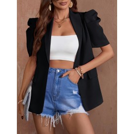 Women'S Chic Beige Lantern Sleeve Blazer - Short Sleeve, Double-Breasted Jacket with Faux Pockets, Casual Yet Elegant Polyester Outerwear for Spring & Summe