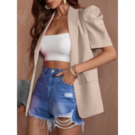 Women'S Chic Beige Lantern Sleeve Blazer - Short Sleeve, Double-Breasted Jacket with Faux Pockets, Casual Yet Elegant Polyester Outerwear for Spring & Summe