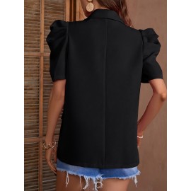 Women'S Chic Beige Lantern Sleeve Blazer - Short Sleeve, Double-Breasted Jacket with Faux Pockets, Casual Yet Elegant Polyester Outerwear for Spring & Summe