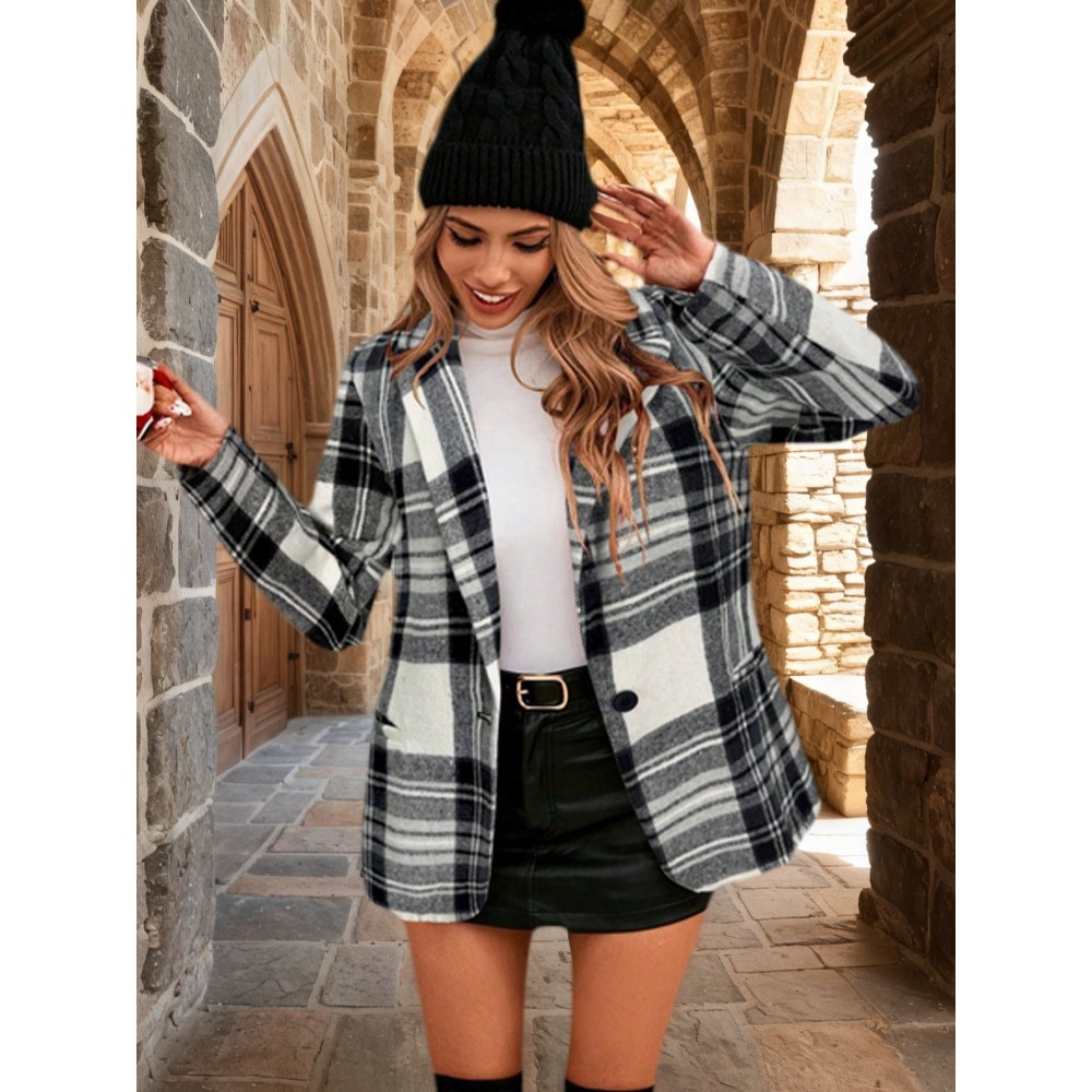 Women's Christmas Plaid Suit Jacket - Slim Fit Loose Single-Breasted Winter Coat, Elegant Blazer for Office, Party & Smart-Casual Wear, Machine Washable Fall/Winter Outerwear