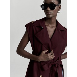 Women's Sleeveless Blazer Coat - Belted Lapel Collar H-Line Tailored Jacket, Beige/Brown/Black/Navy/Gray, Machine Washable All-Season Office Wedding Party Uniform, Structured Lapel Lapel Suit Outerwear