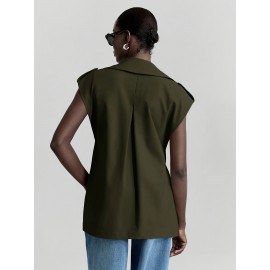 Women's Sleeveless Blazer Coat - Belted Lapel Collar H-Line Tailored Jacket, Beige/Brown/Black/Navy/Gray, Machine Washable All-Season Office Wedding Party Uniform, Structured Lapel Lapel Suit Outerwear