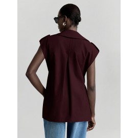 Women's Sleeveless Blazer Coat - Belted Lapel Collar H-Line Tailored Jacket, Beige/Brown/Black/Navy/Gray, Machine Washable All-Season Office Wedding Party Uniform, Structured Lapel Lapel Suit Outerwear