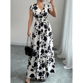 Elegant Pink Floral Maxi Dress with V-Neck and Short Sleeves - Flowing A-Line Silhouette, Cinched Waist, Perfect for Spring/Fall, Casual to Formal Wear, Casual Elegant Wear | Floral Print Dress | Cinched Waist Design