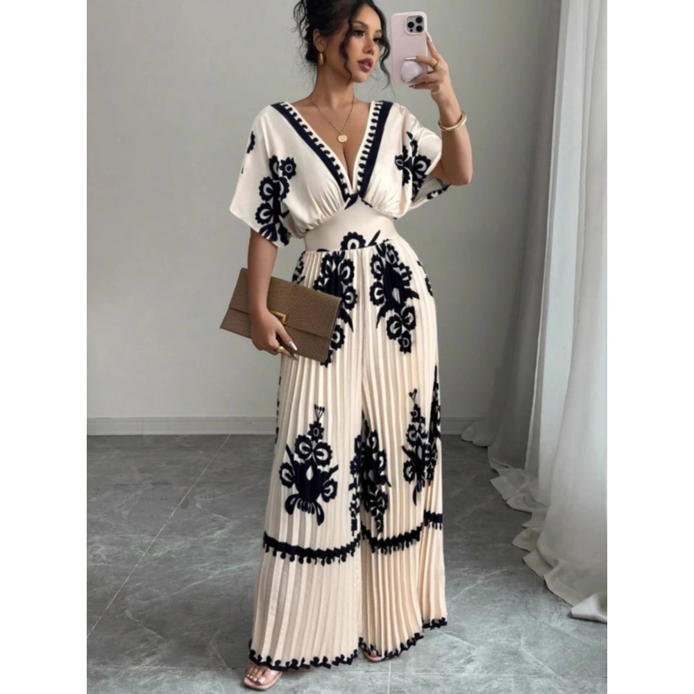 Women's Elegant V-Neck Short Sleeve Jumpsuit with Cinched Waist & Pleated Pants - Loose Fit Wedding Guest Outfit, Summer Party Suit, Machine Washable All-Season Attire
